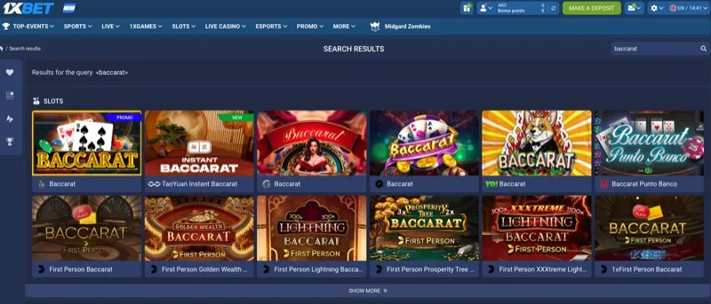 1xBet search results showing all baccarat game variants