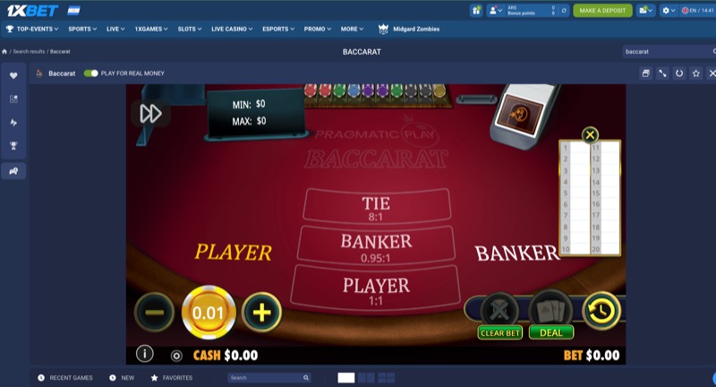 Pragmatic Play baccarat table on 1xBet showing Player Banker and Tie betting positions